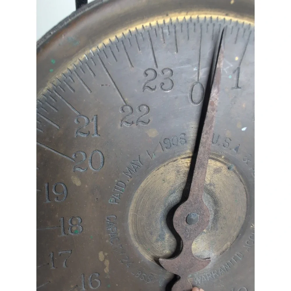 Antique Vtg 1906 Slanting Dial 24 Lb Balance Scale with Ceramic Top Brass Basket